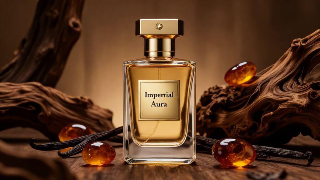 Frasco de perfume Aura Imperial sobre fondo oscuro