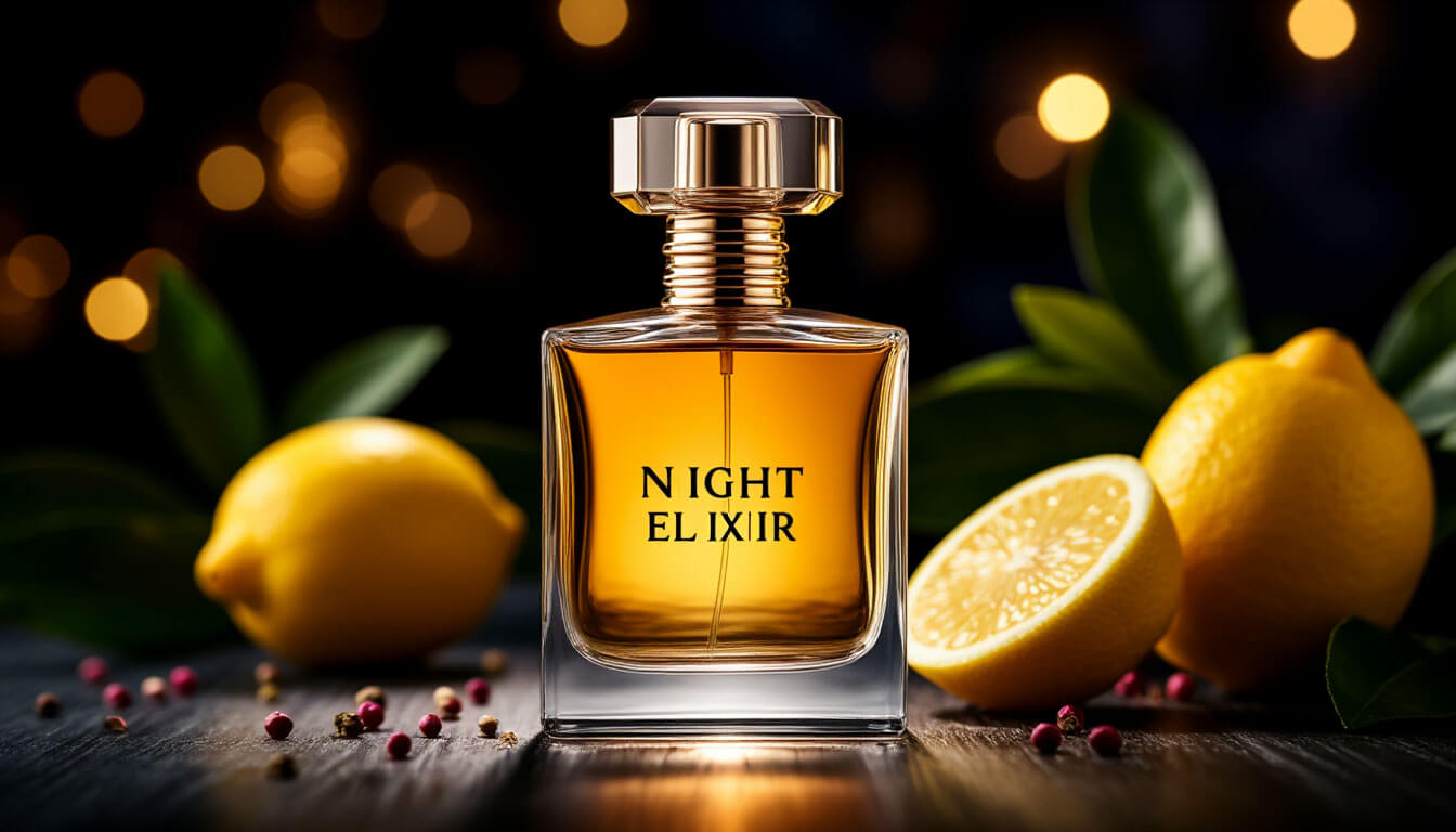 Frasco de perfume Elixir Nocturno sobre fondo oscuro