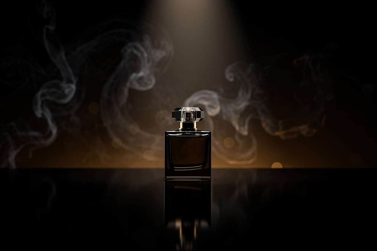 Botella de perfume elegante y nube de fragancia en fondo oscuro