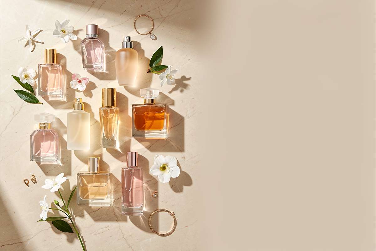 Arreglo artístico de colección de perfumes Noble Essence en fondo oscuro