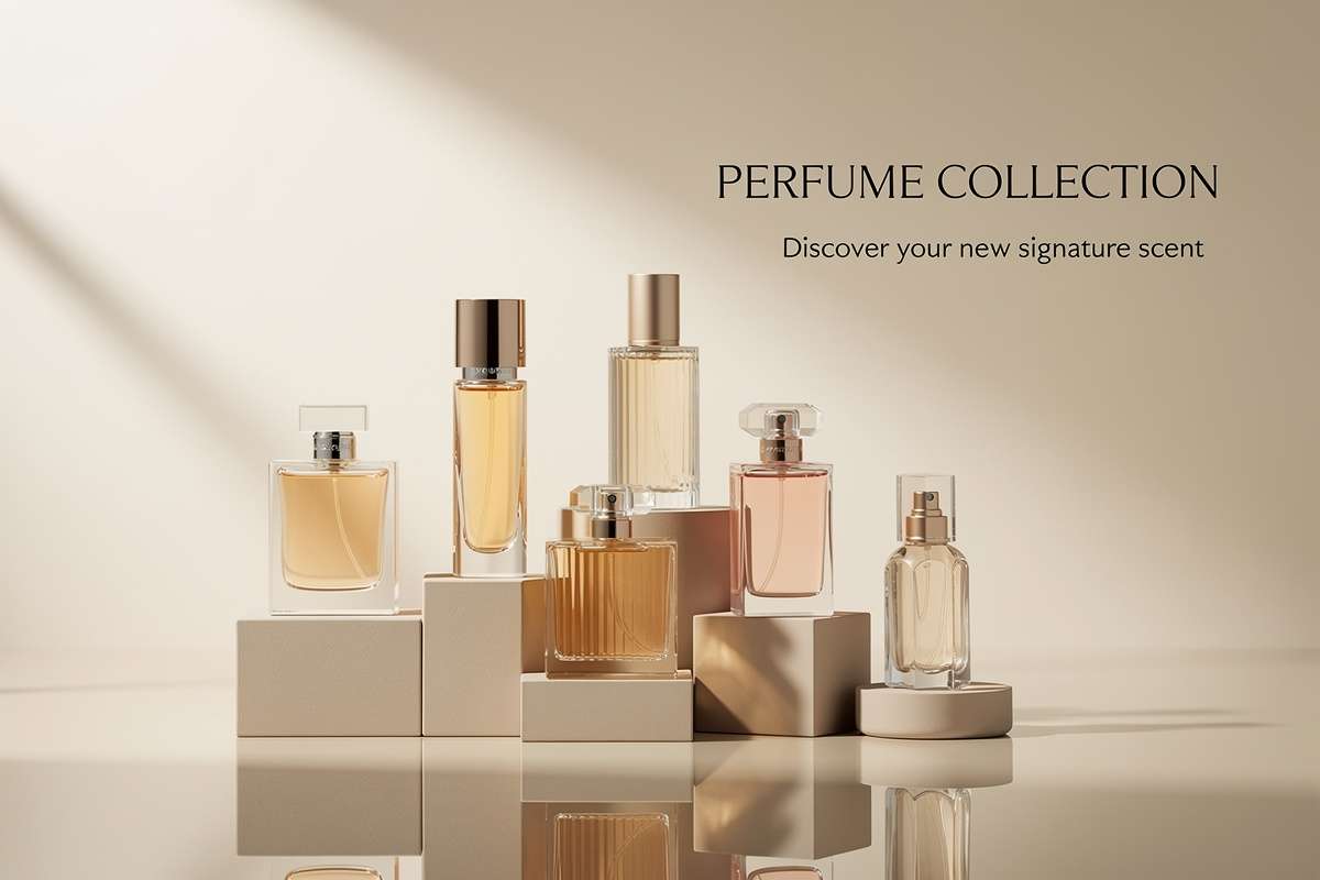 Perfume colección exclusiva sobre fondo negro y dorado