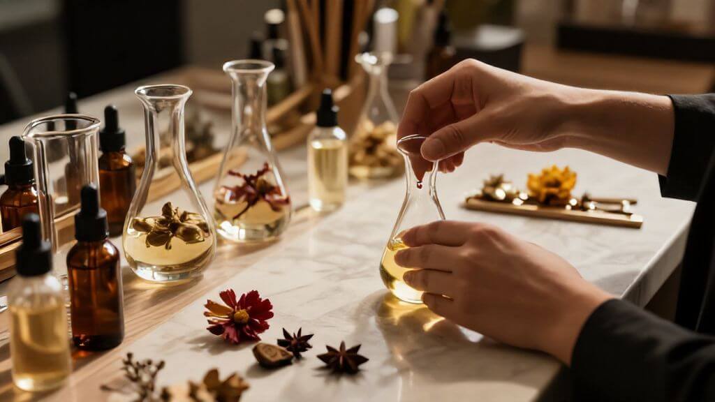 Proceso artesanal de elaboración de perfumes con ingredientes nobles