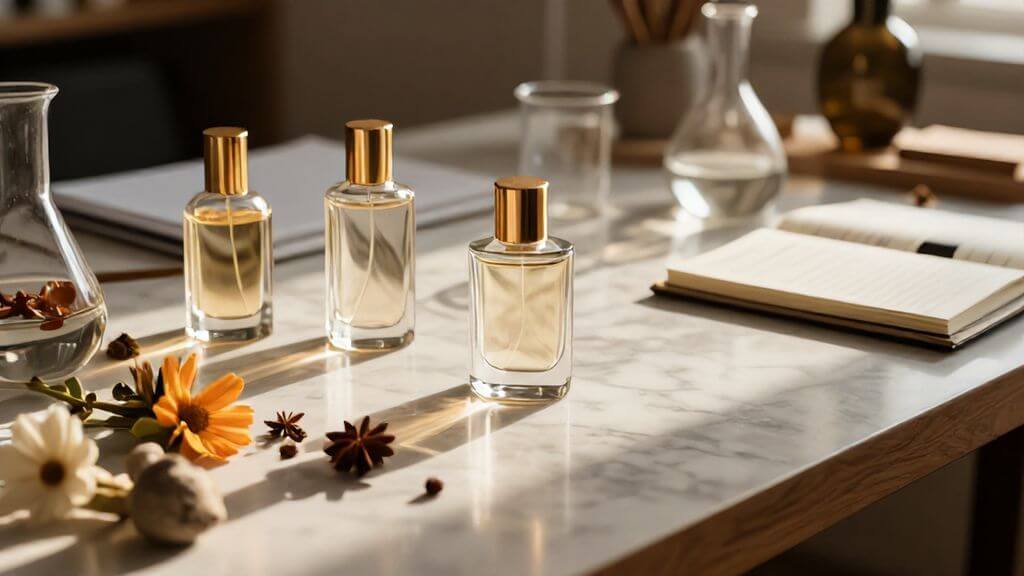Botellas de perfume y espacio de trabajo en el atelier